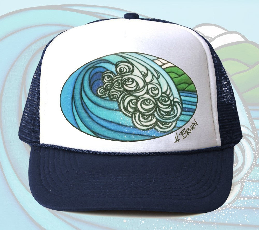Blue Barrel Trucker Hat by Hawaii artist Heather Brown