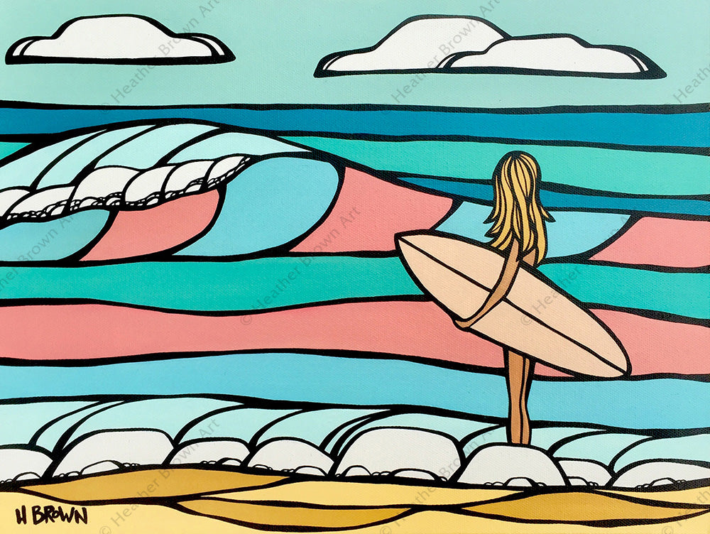 Candy Surf - Painting by Heather Brown featuring a girl out for an epic day of surfing on waves appearing in beautiful pastel colors.