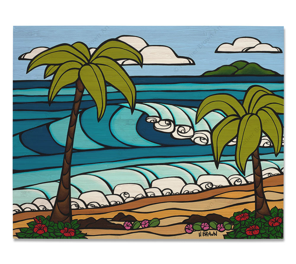 Coastal Palms - Bamboo wood print of serene palm trees framing a classic view of a Hawaiian beach by tropical artist Heather Brown