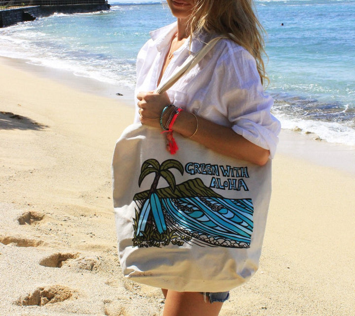 "Diamond Head" Green with Aloha tote bag by Heather Brown Art