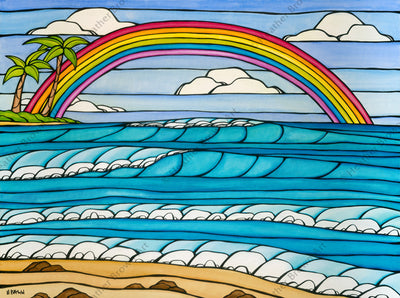 Painting by Heather Brown featuring a rainbow framing an iconic view of a Hawaii beach.