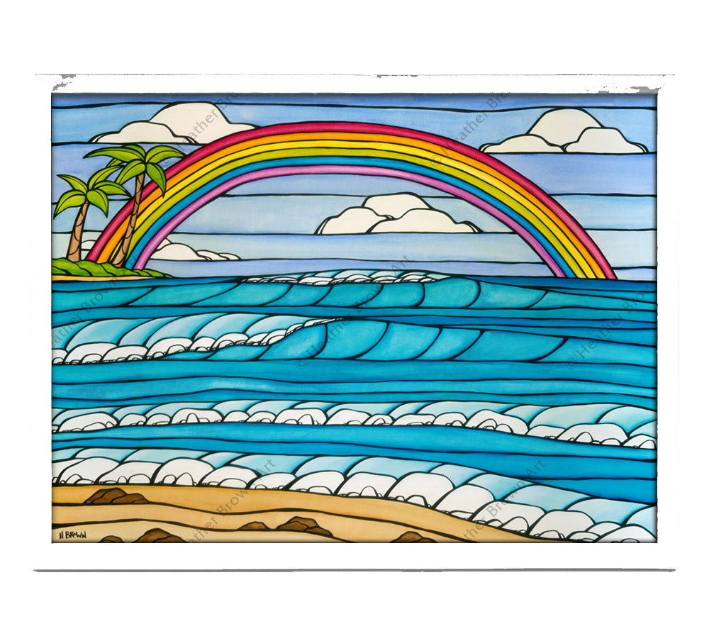 Classic White Frame - Painting of a beautiful Hawaiian rainbow scene by surf artist Heather Brown