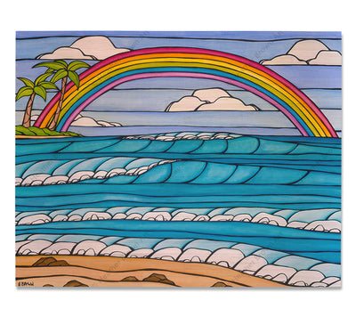 Daydream Rainbow - Bamboo wood print of a rainbow framing an iconic view of a Hawaii beach by tropical artist Heather Brown