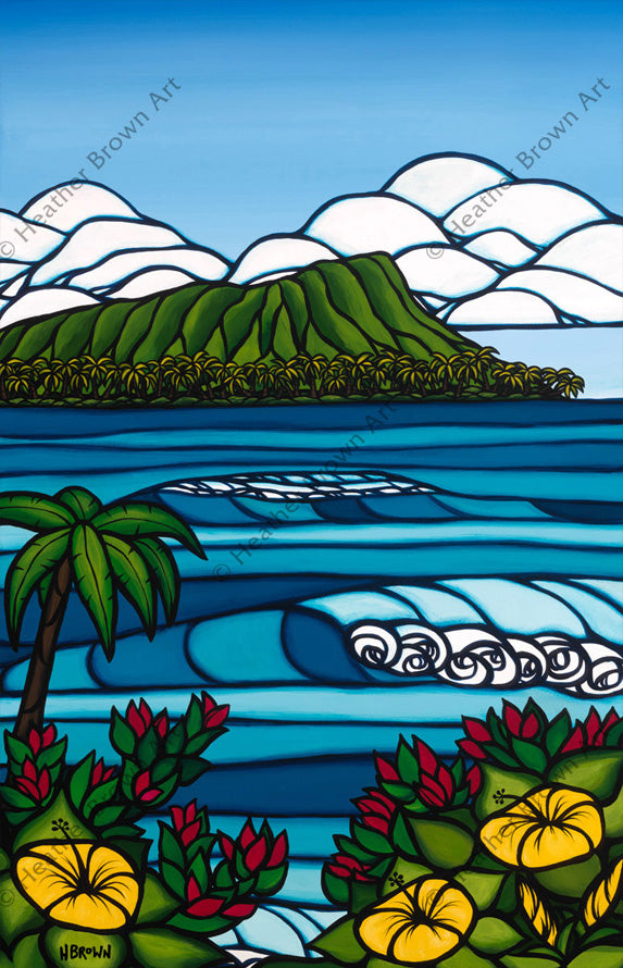 The majestic Diamond Head rises from the ocean in this Hawaii art by Heather Brown