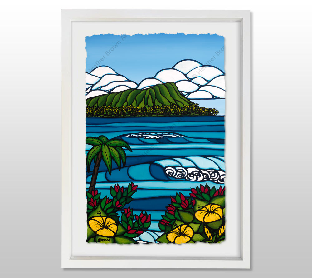 Diamond Head - White Framed Deckled Paper Print by Heather Brown