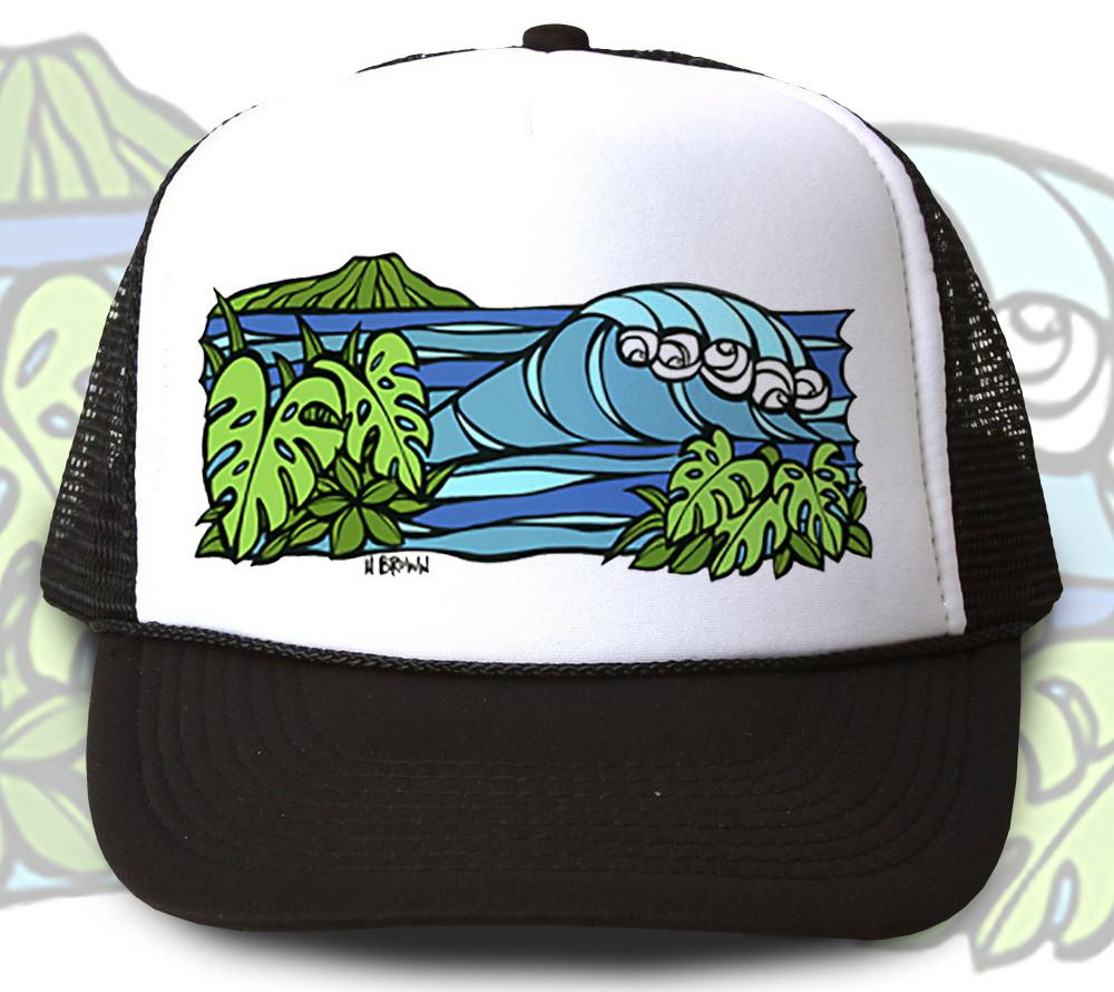 "Diamond Head Waves" Trucker Hat - Wearable Art by Tropical Artist Heather Brown
