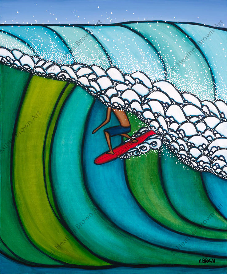 A daring surfer rides big Hawaiian wave in this surf art by Heather Brown