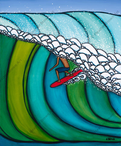 Double Overhead painting depicting a surfer deep in the belly of a wave by Heather Brown