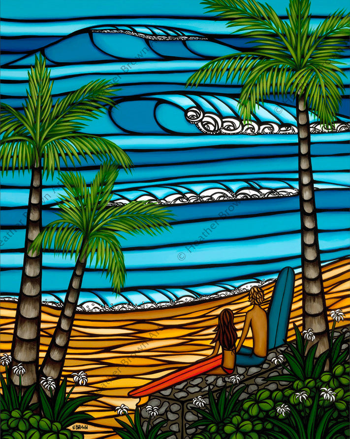 Two surfers watch the waves on the ocean while sitting on the sand beneath palm trees Artwork by Heather Brown