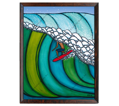 Dark Walnut Frame - Painting of a surfer boy getting barreled by wave artist Heather Brown