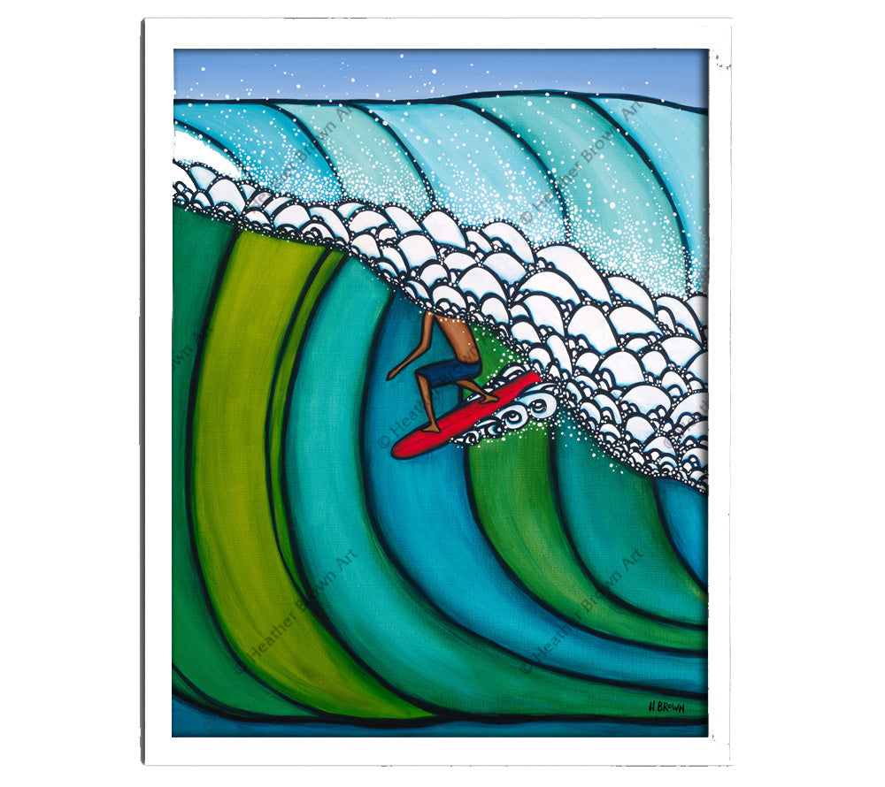 Classic White Frame - Painting of a surfer boy getting barreled by wave artist Heather Brown