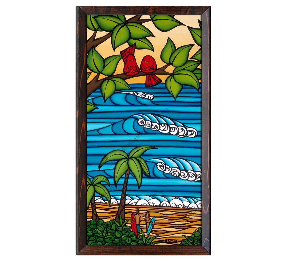 Dark Walnut Frame - Painting of waves and two sets of island lovers by Heather Brown