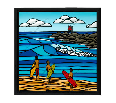 Classic Black Frame - Painting of a group of surfers about to hit the surf by wave artist Heather Brown