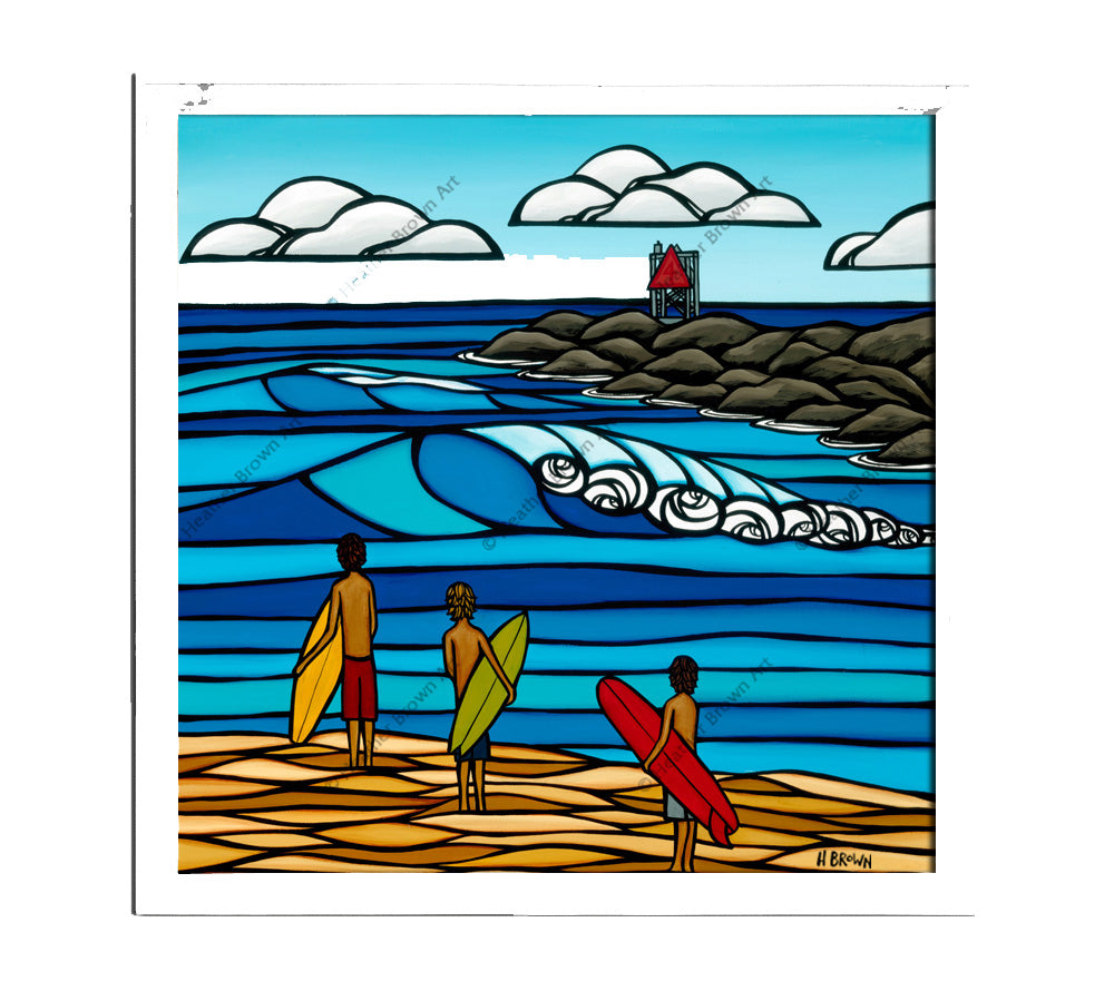 Classic White Frame - Painting of a group of surfers about to hit the surf by wave artist Heather Brown