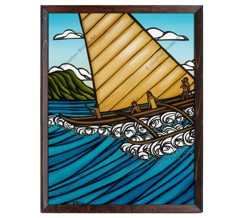 Classic Dark Walnut Frame - Painting of old Hawaiian canoe navigation by Heather Brown