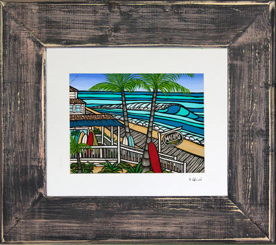 Malibu's Surf Shop - Matted Print on Paper with Dark Grey, Reclaimed Wood Frame by Hawaii surf artist Heather Brown