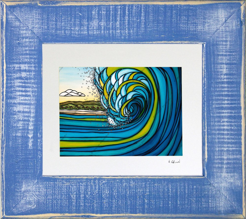 Outer Reef - Matted Print on Paper with Classic Blue, Reclaimed Wood Frame by Hawaii surf artist Heather Brown