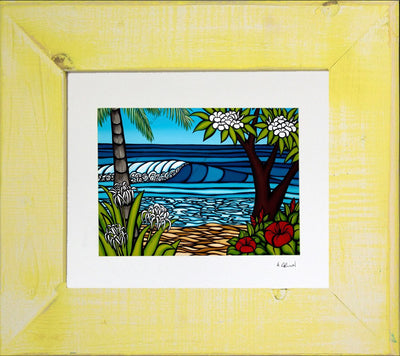 Pipe Dreams - Matted Print on Paper with Yellow, Reclaimed Wood Frame by Hawaii surf artist Heather Brown