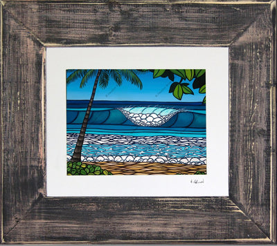 Pipeline - Matted Print on Paper with Classic Dark Grey, Reclaimed Wood Frame by Hawaii surf artist Heather Brown
