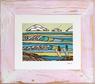 South Point - Matted Print on Paper with Classic Pink, Reclaimed Wood Frame by Hawaii surf artist Heather Brown