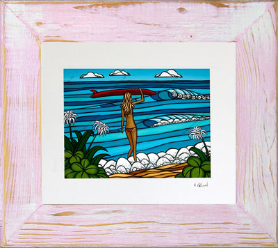 Surf Stroll - Matted Print on Paper with Classic Pink, Reclaimed Wood Frame by Hawaii surf artist Heather Brown