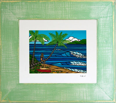 Wahine He'e Nalu - Matted Print on Paper with Classic Green, Reclaimed Wood Frame by Hawaii surf artist Heather Brown