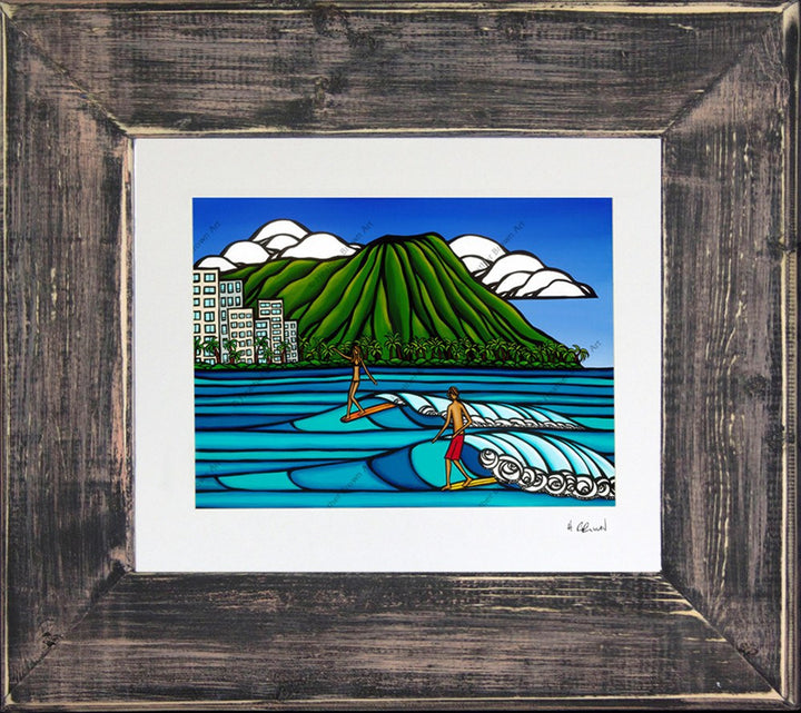Waikiki Logging - Matted Prints on Paper with Classic Dark Grey Reclaimed Wood Frames by Hawaii surf artist Heather Brown