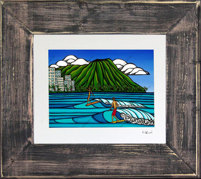 Waikiki Logging - Matted Prints on Paper with Classic Dark Grey Reclaimed Wood Frames by Hawaii surf artist Heather Brown