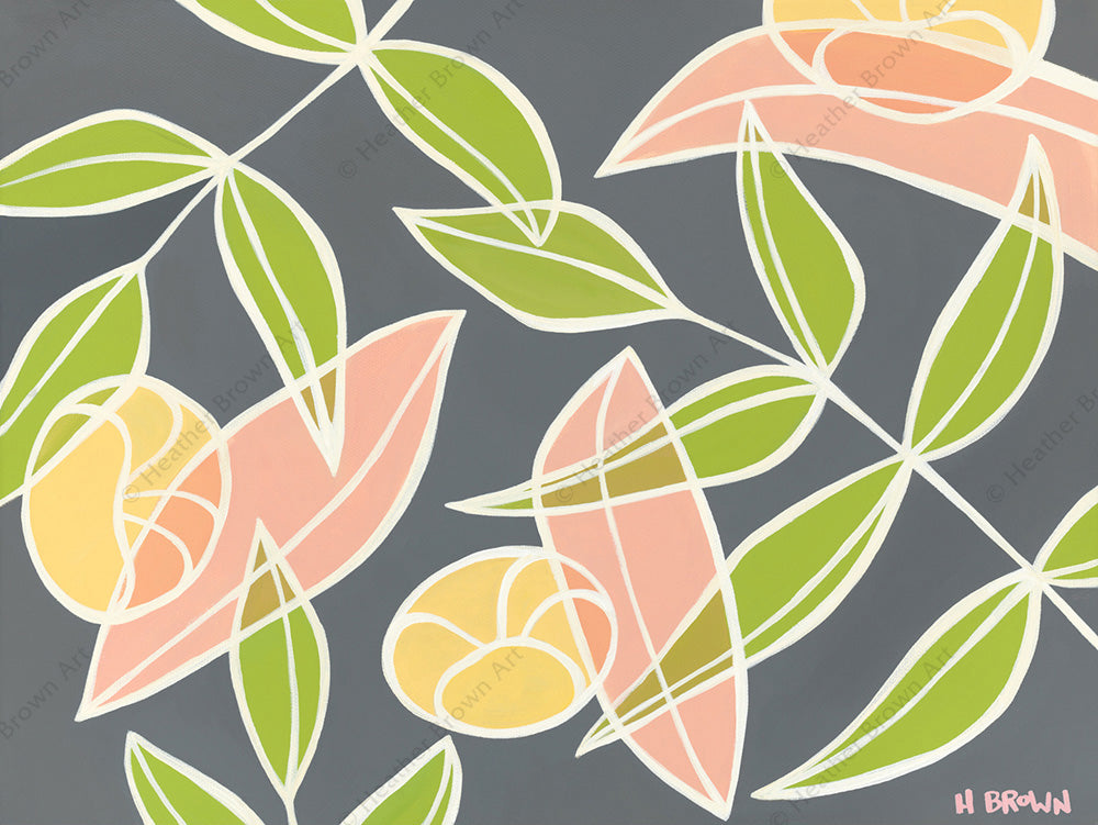 Falling Flowers - Matted Print of Hawaiian flowers and leaves falling gently to the ground by tropical artist Heather Brown