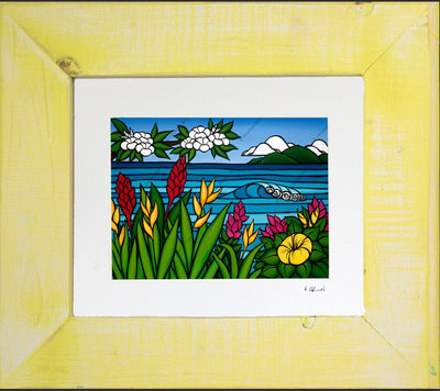 Framed and matted print of Flowers of Hawaii by surf artist Heather Brown