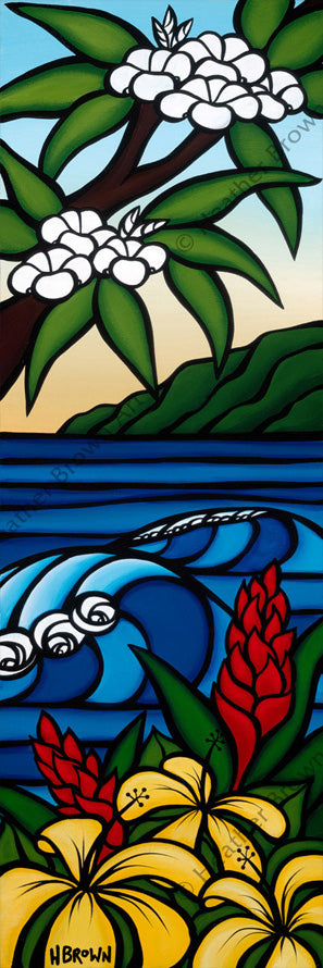 Flowers of Spring - Painting of a tropical seascape with beautiful flowers and rolling waves by tropical artist Heather Brown
