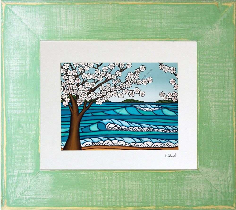 Sakura - Matted Print on Paper with Classic Green, Reclaimed Wood Frame by Hawaii surf artist Heather Brown