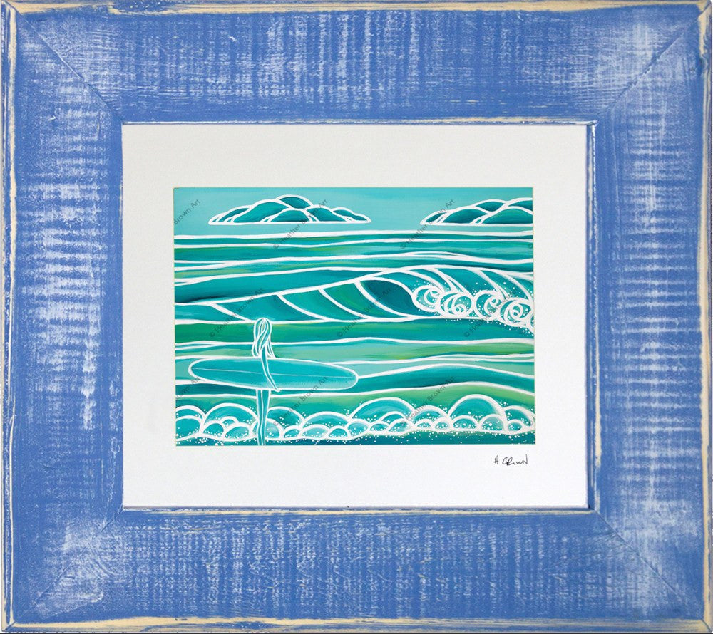 Spring - Matted Print on Paper with Classic Blue, Reclaimed Wood Frame by Hawaii surf artist Heather Brown