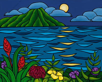 Full Moon Over Diamond Head - Painting by Heather Brown featuring a full moon rising over Diamond Head Crater and reflecting over a calm blue sea.