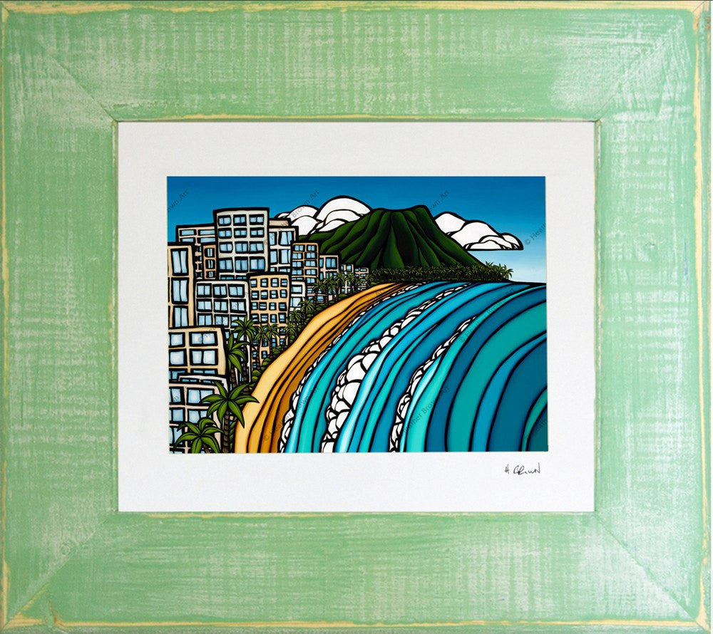 Waikiki - Matted Print on Paper with Classic Green, Reclaimed Wood Frame by Hawaii surf artist Heather Brown