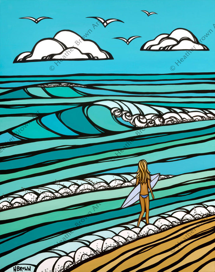 Beach art painting of a girl out surfing by Hawaii artist Heather Brown