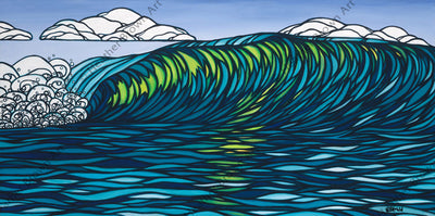 Hawaii artist Heather Brown depicts a giant glassy green wave, a surfer's paradise.