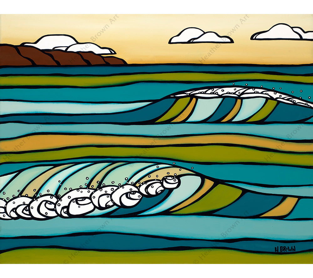 Matted Artwork Print by Tropical Artist Heather Brown of serene green tinted waves crashing towards the shore.