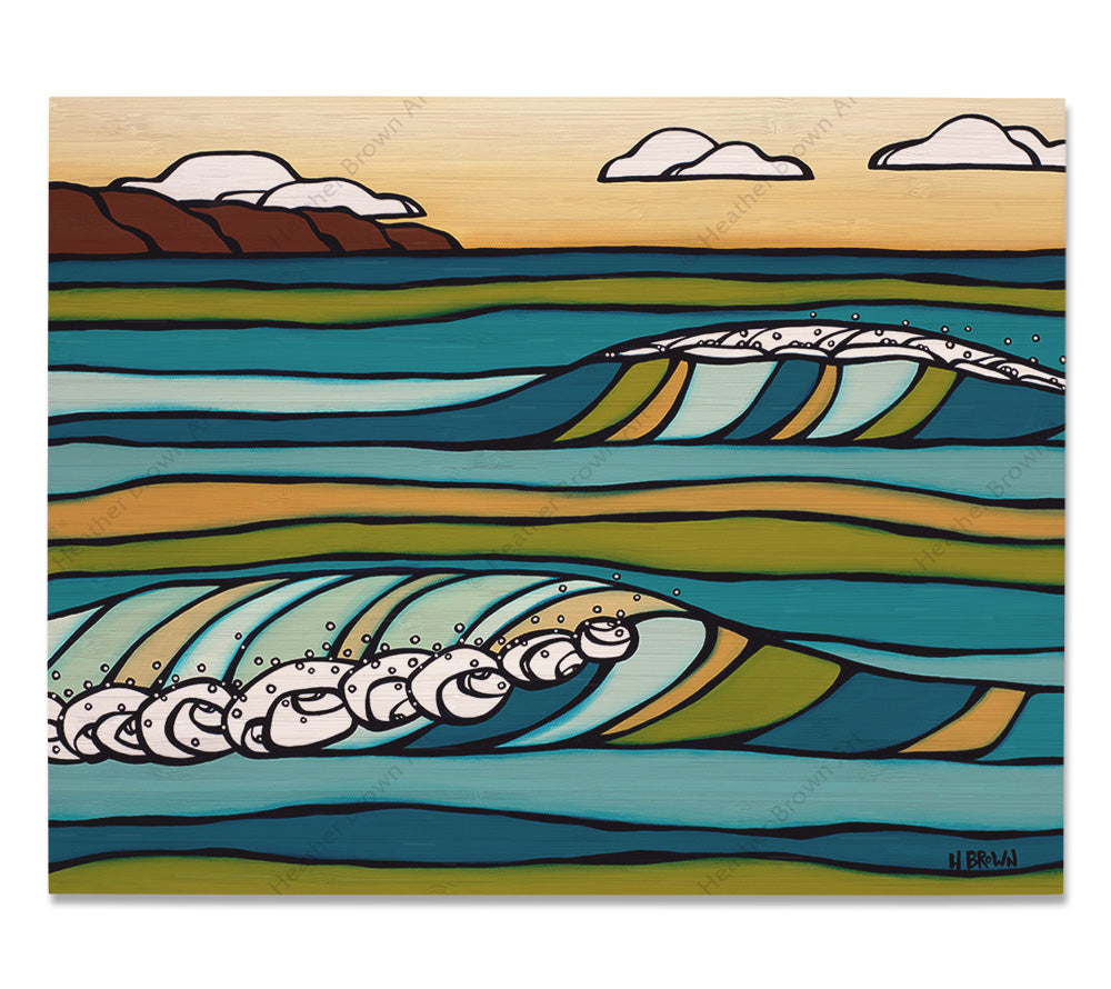 Green in the Sea - Bamboo wood print of serene green tinted waves crashing towards the shore by tropical artist Heather Brown