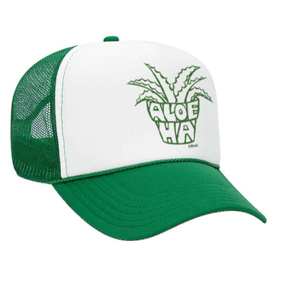 Hawaii surf artist Heather Brown Aloe-ha green trucker hat with green design
