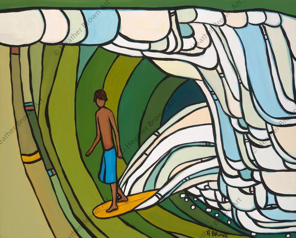 Green Room - Wave painting of a surfer deep in the barrel of this green wave by wave artist Heather Brown