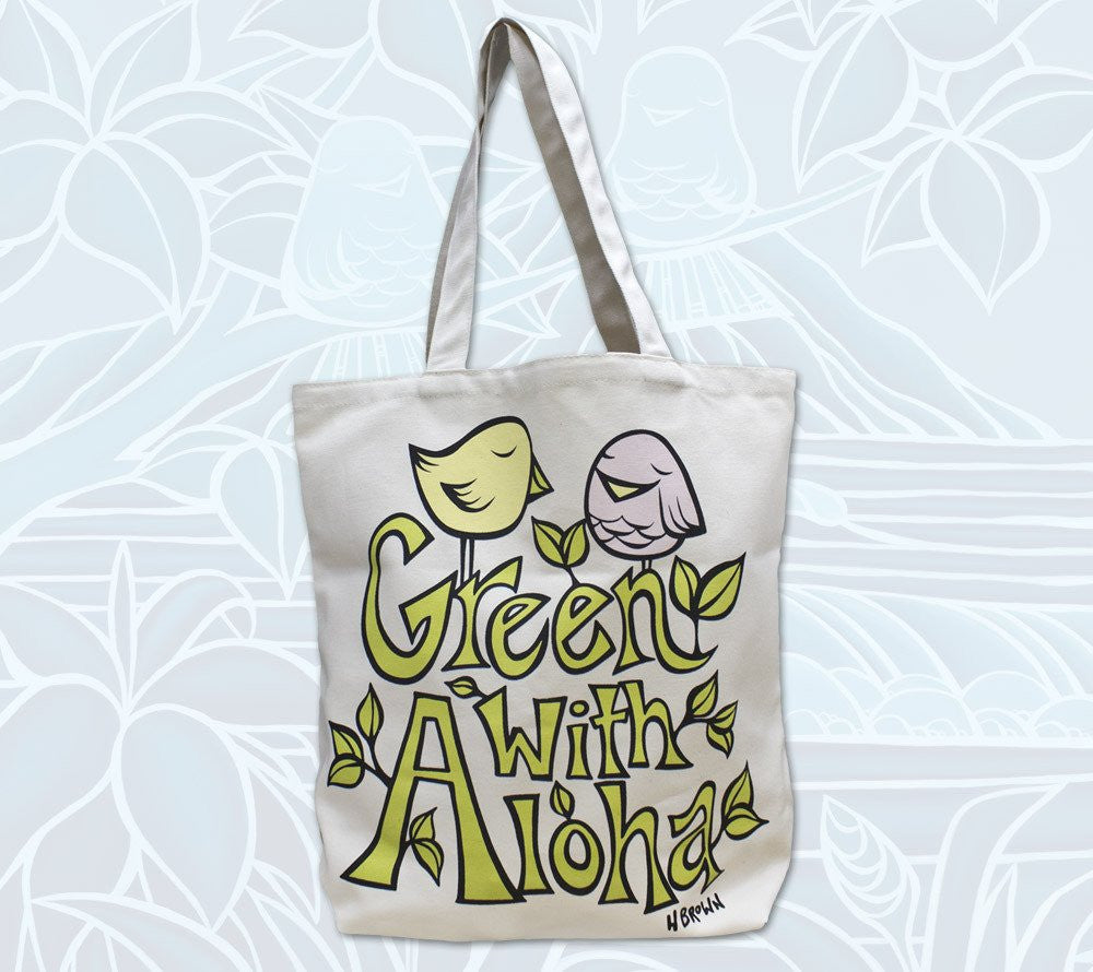 "Little Birdie Buddies" Green with Aloha tote bag by Heather Brown Art