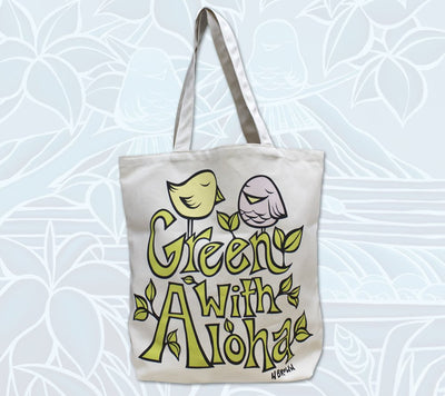 "Little Birdie Buddies" Green with Aloha tote bag by Heather Brown Art