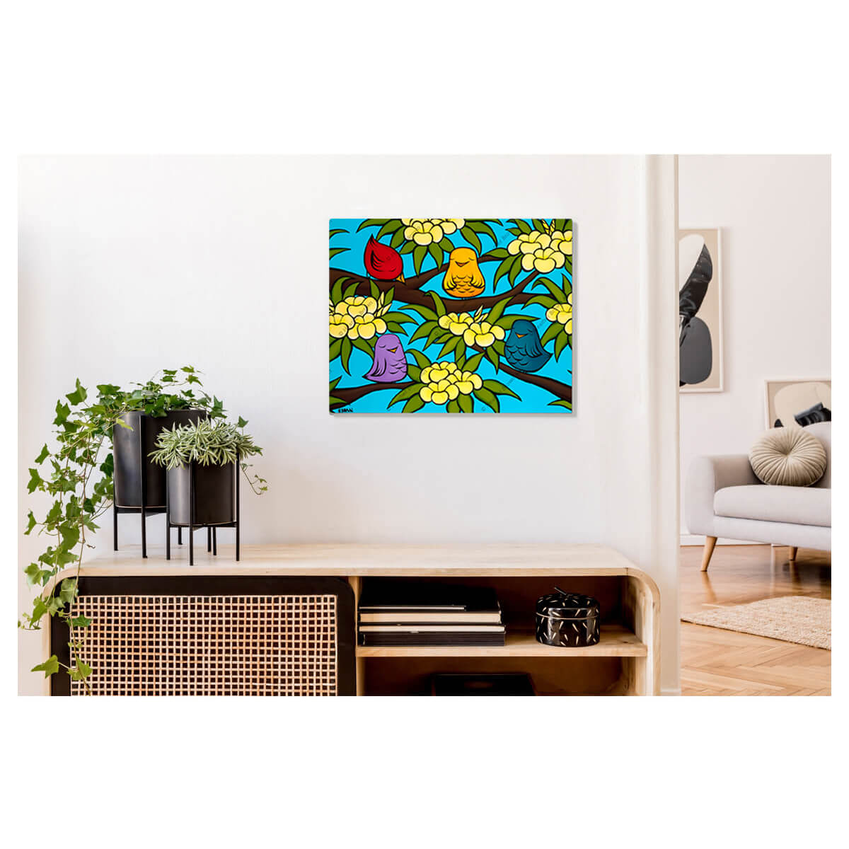 A metal art print featuring joyous and colorful birds sitting amongst fragrant yellow plumeria branches on a warm sunny day by Hawaii surf artist Heather Brown