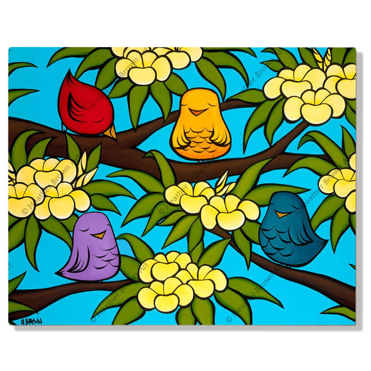 A metal art print featuring joyous and colorful birds sitting amongst fragrant yellow plumeria branches on a warm sunny day by Hawaii surf artist Heather Brown