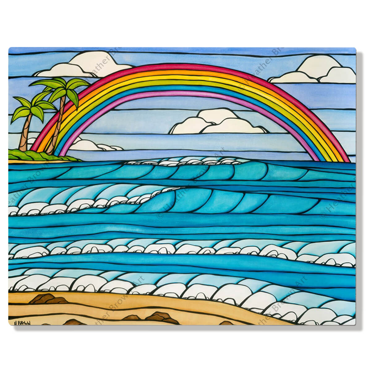 A metal art print that  features a rainbow framing an iconic view of a Hawaii beach by Hawaii surf artist Heather Brown