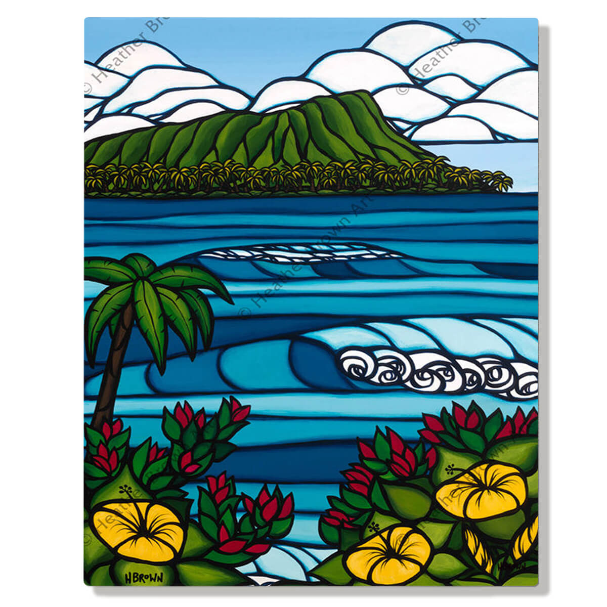 A metal art print featuring a classic view of Diamond Head Crater and some tropical flowers by Hawaii surf artist Heather Brown