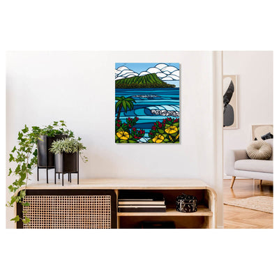 A metal art print featuring a classic view of Diamond Head Crater and some tropical flowers by Hawaii surf artist Heather Brown