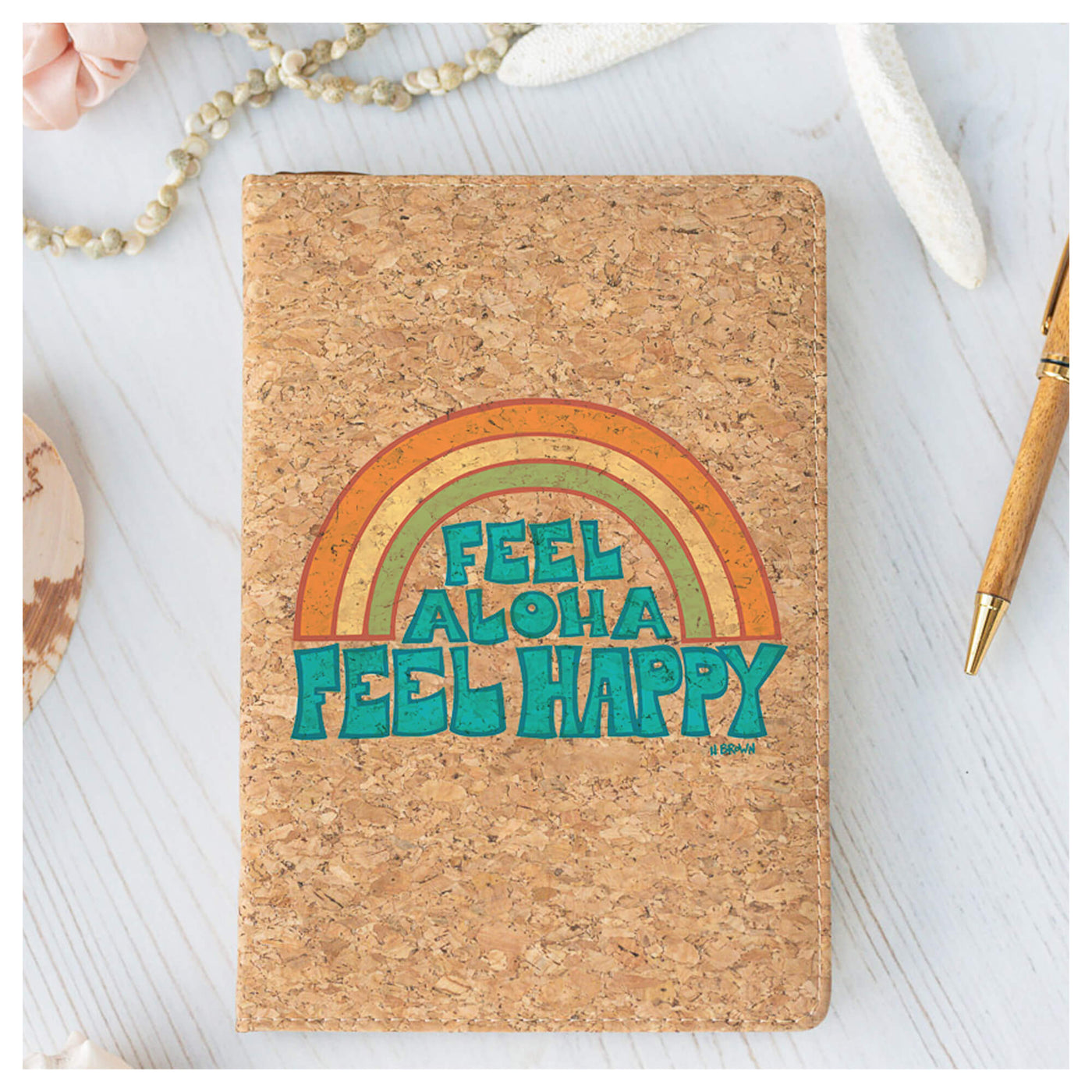 Feel Aloha Feel Happy  cork journal by Hawaii surf artist Heather Brown