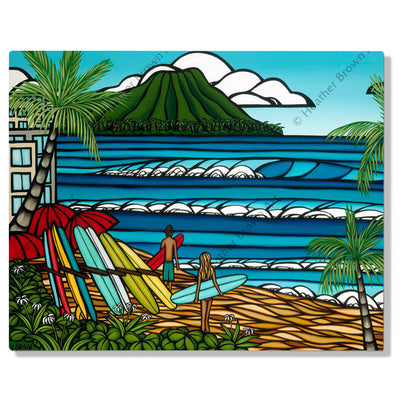 A metal art print featuring a couple of surfers about to head into the water for a surf session by Hawaii artist Heather Brown